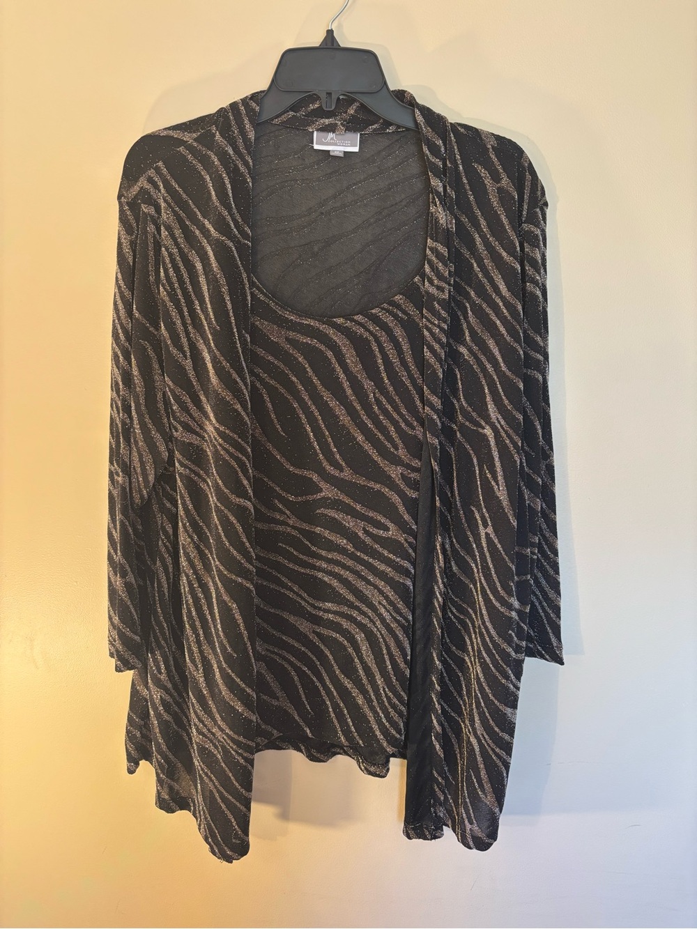JM Collection Black and Silver Zebra-Print Open Cardigan & Tank Set
